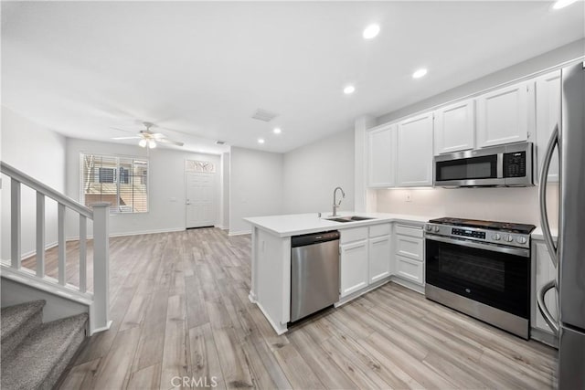 kitchen with a peninsula, a sink, light wood-style floors, appliances with stainless steel finishes, and white cabinetry