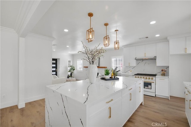 kitchen featuring under cabinet range hood, visible vents, light wood-style flooring, and high end white range oven