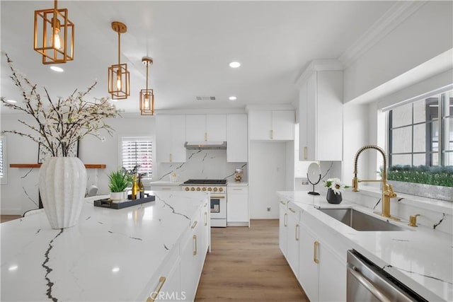 kitchen with visible vents, gas range gas stove, a sink, under cabinet range hood, and dishwasher