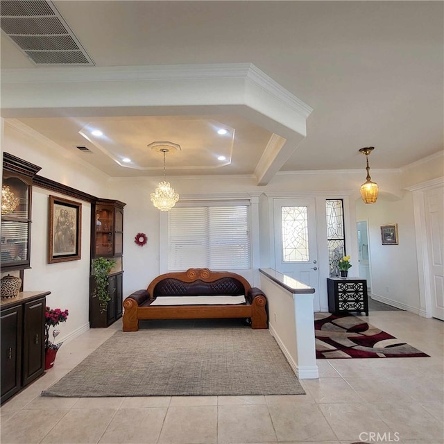 interior space with ornamental molding, visible vents, an inviting chandelier, and light tile patterned floors