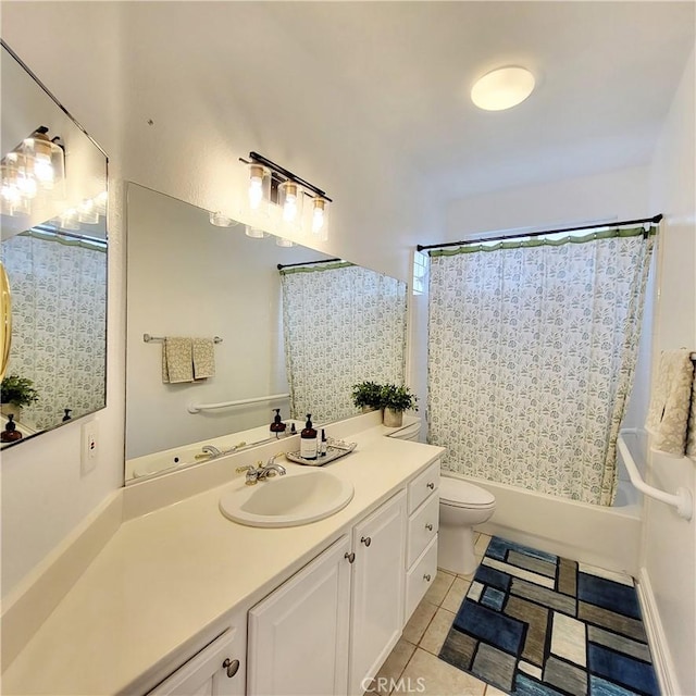 full bathroom with vanity, toilet, tile patterned flooring, and shower / bath combination with curtain