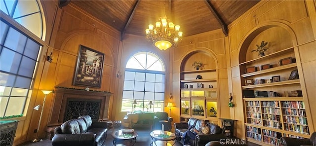sitting room with high vaulted ceiling, wood ceiling, built in features, and an inviting chandelier