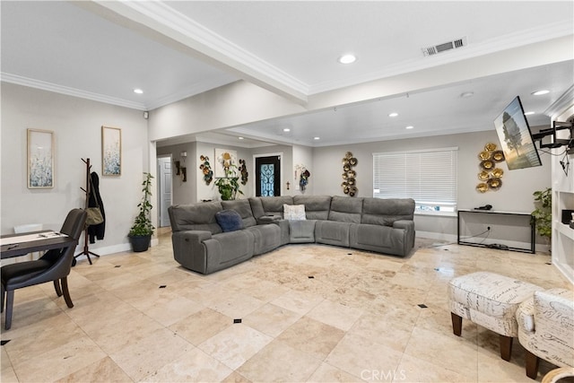 living area with recessed lighting, visible vents, baseboards, and crown molding