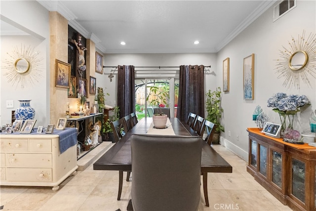 dining space featuring recessed lighting, visible vents, and ornamental molding