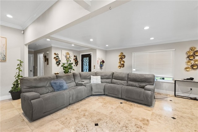 living room featuring recessed lighting, baseboards, and ornamental molding