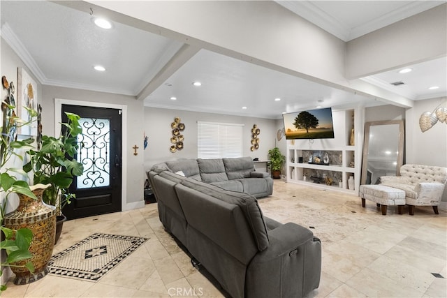 living area featuring recessed lighting, visible vents, and ornamental molding