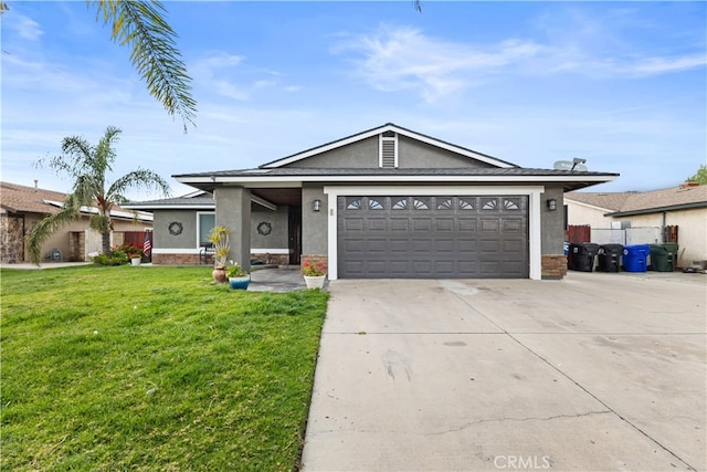 single story home with fence, driveway, stucco siding, a front lawn, and a garage