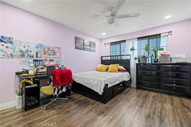 bedroom with recessed lighting, baseboards, ceiling fan, and wood finished floors