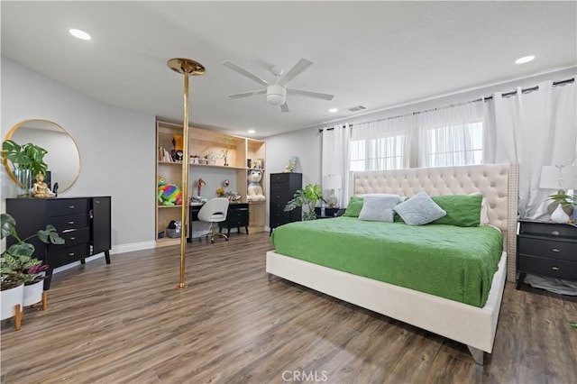 bedroom featuring recessed lighting, visible vents, wood finished floors, and ceiling fan