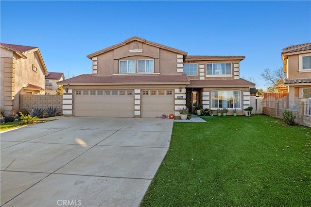 view of front of home with a garage, driveway, a front lawn, and fence