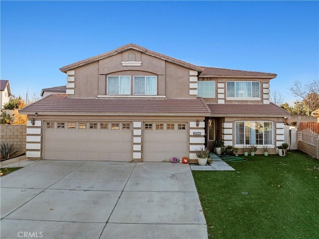 view of front of home featuring fence, driveway, stucco siding, a garage, and a tile roof