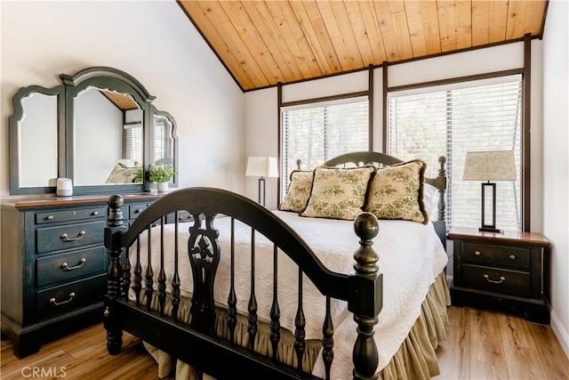 bedroom with lofted ceiling, light wood-style floors, and wooden ceiling