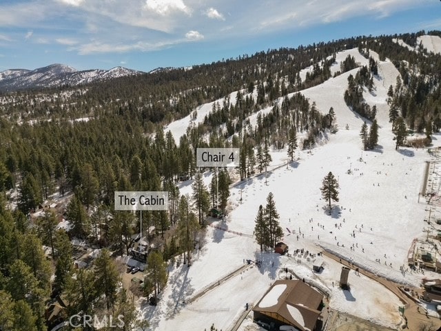 snowy aerial view featuring a mountain view and a wooded view