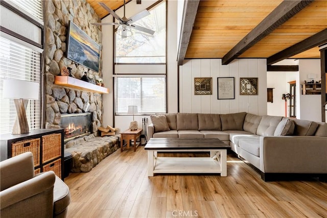 living room featuring ceiling fan, lofted ceiling with beams, wooden ceiling, a fireplace, and hardwood / wood-style flooring