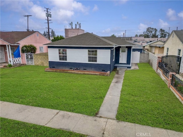 view of front facade featuring a front lawn, fence private yard, roof with shingles, crawl space, and a gate