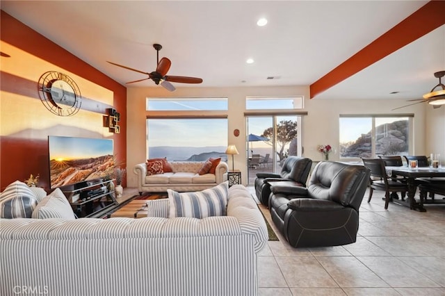 60125 Carrizo Rd, Mountain Center, CA 92561 - living room featuring light tile patterned flooring, ceiling fan, and recessed lighting