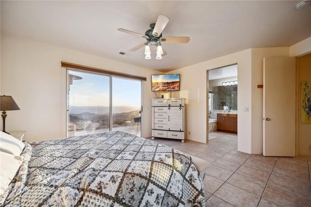 60125 Carrizo Rd, Mountain Center, CA 92561 - bedroom featuring ceiling fan, ensuite bathroom, access to outside, and light tile patterned floors