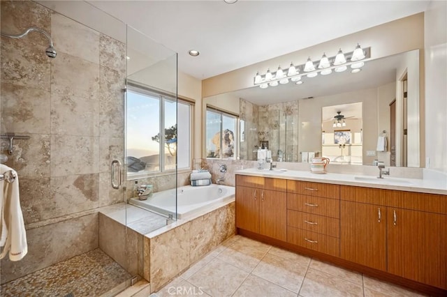 60125 Carrizo Rd, Mountain Center, CA 92561 - full bathroom with a stall shower, ceiling fan, a sink, tile patterned flooring, and a garden tub