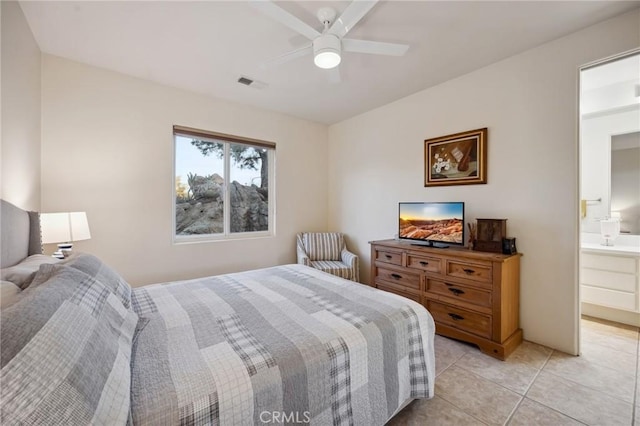 60125 Carrizo Rd, Mountain Center, CA 92561 - bedroom featuring ensuite bathroom, light tile patterned floors, visible vents, and ceiling fan