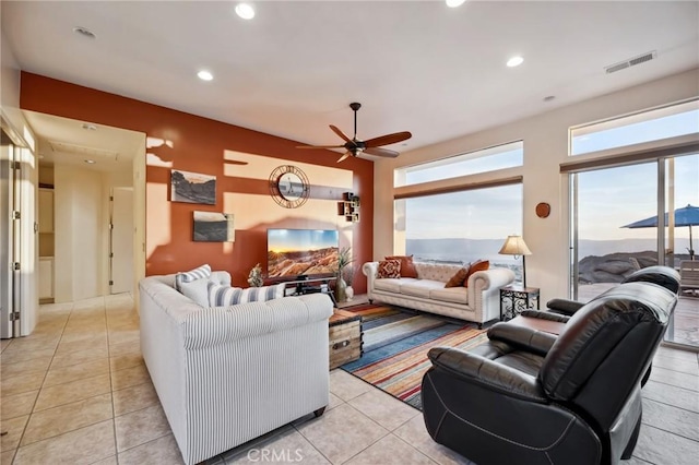 60125 Carrizo Rd, Mountain Center, CA 92561 - living room featuring light tile patterned floors, visible vents, a ceiling fan, and recessed lighting