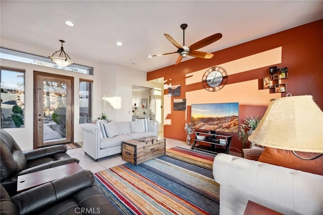 60125 Carrizo Rd, Mountain Center, CA 92561 - tiled living area with ceiling fan and recessed lighting