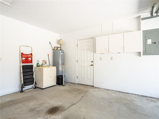 garage with electric panel and water heater