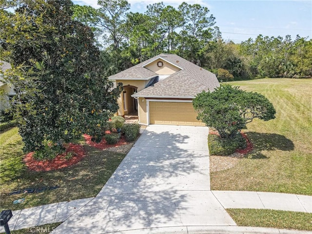 view of front of home with a shingled roof, a front lawn, concrete driveway, stucco siding, and an attached garage