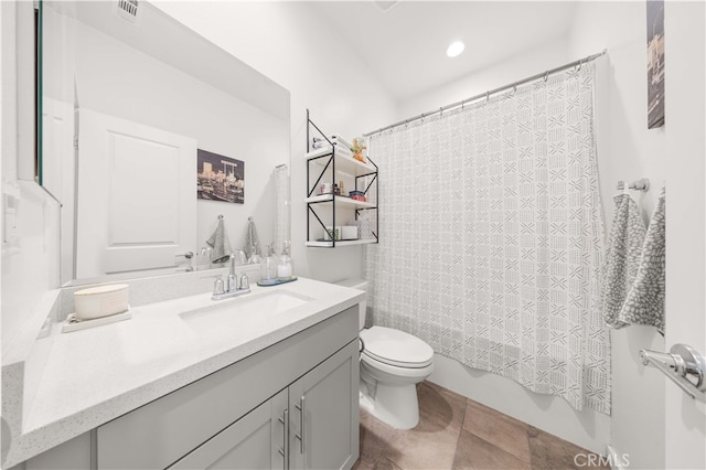 bathroom with visible vents, toilet, shower / tub combo with curtain, recessed lighting, and vanity