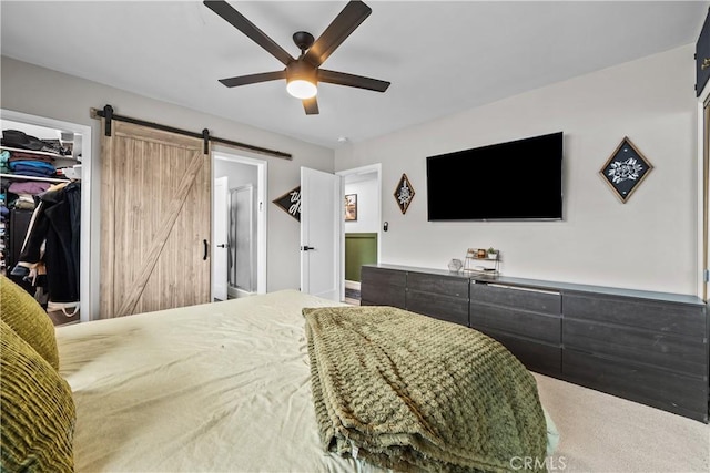 carpeted bedroom featuring a walk in closet, a barn door, a closet, and ceiling fan