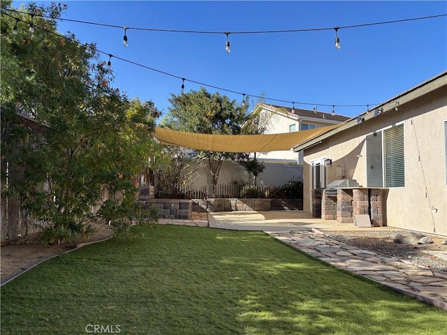 view of yard with area for grilling, a patio, and fence