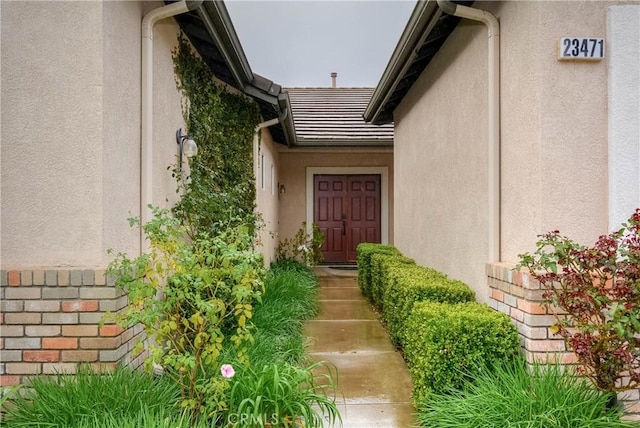 doorway to property featuring stucco siding