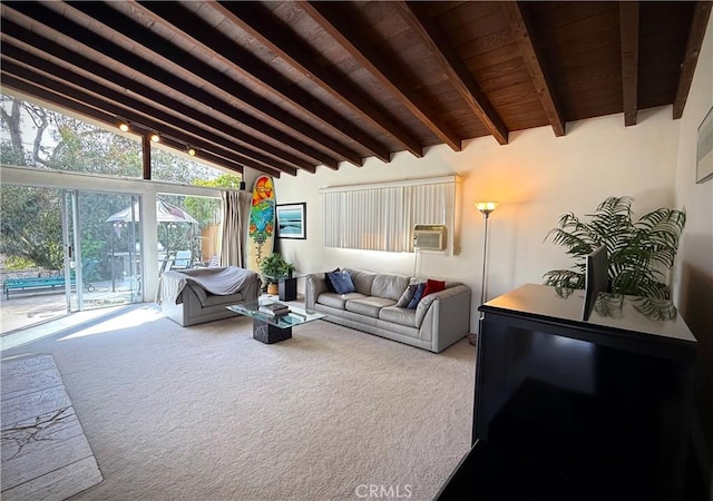 living area featuring wood ceiling, cooling unit, vaulted ceiling with beams, and carpet