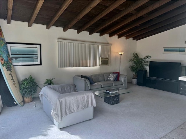 carpeted living area featuring vaulted ceiling with beams and wood ceiling