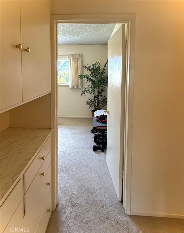 hall featuring light colored carpet and a textured ceiling