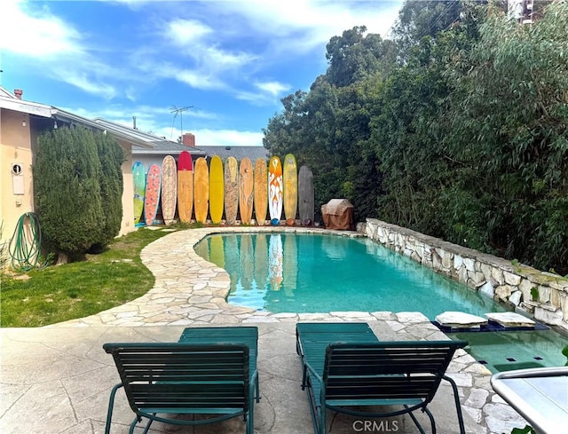 view of swimming pool featuring a fenced in pool, a patio area, and fence