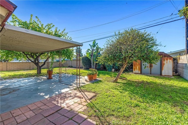 view of yard with a fenced backyard, a patio, a storage shed, and an outdoor structure