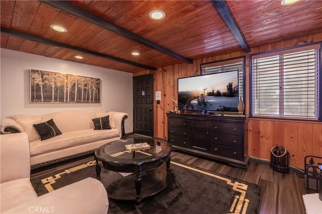 living area with wood finished floors, recessed lighting, wood walls, wooden ceiling, and beamed ceiling