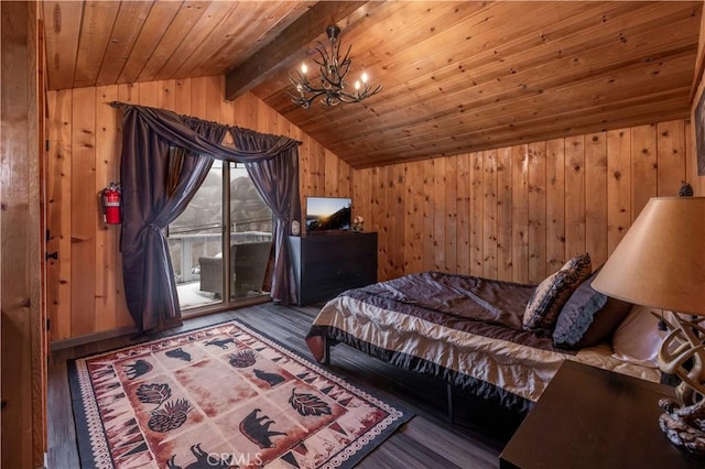 bedroom with access to outside, lofted ceiling with beams, wood finished floors, wooden walls, and wooden ceiling