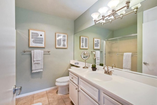 full bath with vanity, baseboards, a stall shower, tile patterned floors, and toilet