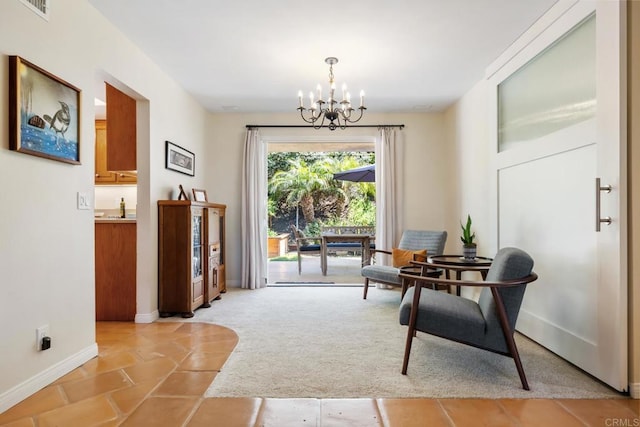 sitting room with light tile patterned floors, baseboards, visible vents, an inviting chandelier, and light colored carpet