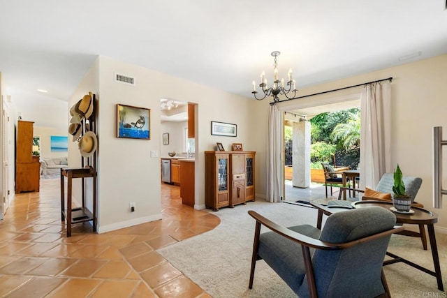 living room with a notable chandelier, light tile patterned flooring, visible vents, and baseboards