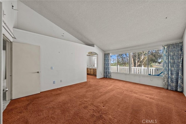 unfurnished living room with lofted ceiling, carpet, and a textured ceiling