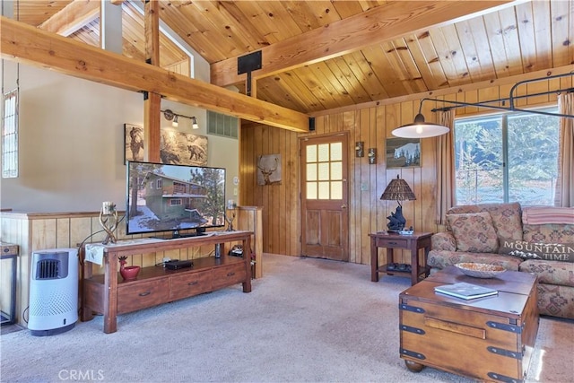 living area with carpet floors, vaulted ceiling with beams, visible vents, and wood ceiling