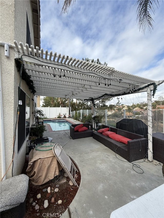 exterior space featuring a fenced in pool, a fenced backyard, and a pergola