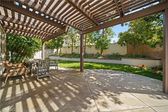 view of patio / terrace featuring outdoor dining area, a fenced backyard, and a pergola