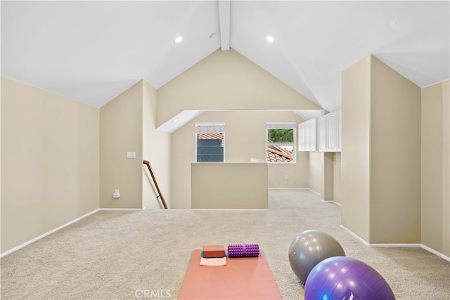 workout room featuring lofted ceiling, recessed lighting, light colored carpet, and baseboards