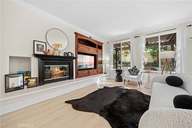 living room with a glass covered fireplace, wood finished floors, and ornamental molding