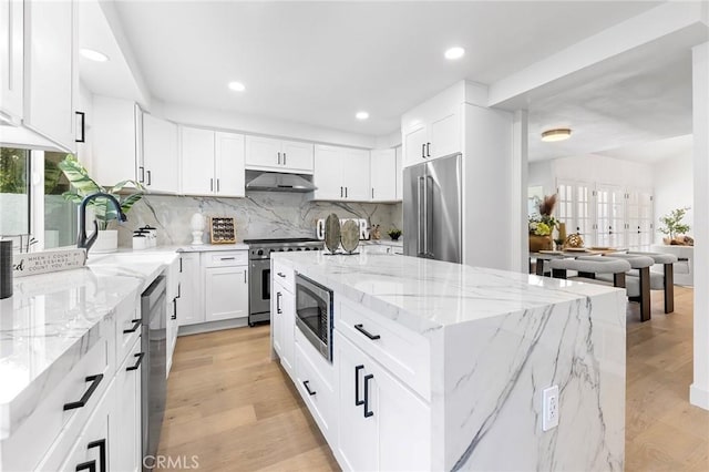 kitchen featuring backsplash, under cabinet range hood, light wood-style flooring, stainless steel appliances, and a sink