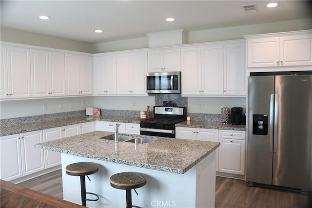 kitchen featuring visible vents, dark wood-type flooring, a sink, stainless steel appliances, and white cabinets