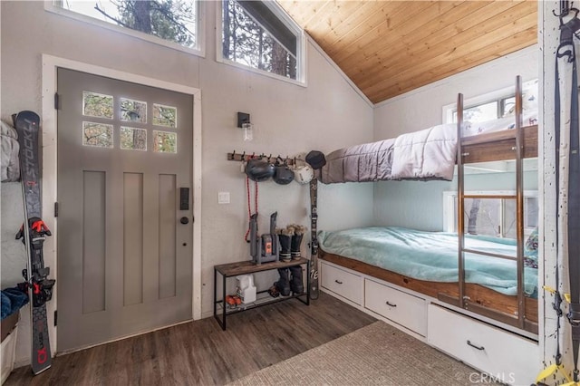 bedroom featuring wood ceiling, lofted ceiling, and wood finished floors